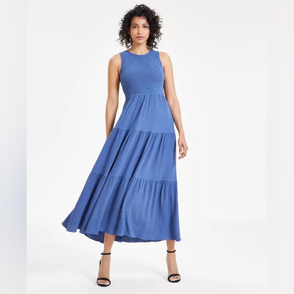 NWT Anne Klein Smocked Bodice A-line Maxi Dress, Sz Large, color Blue Jay